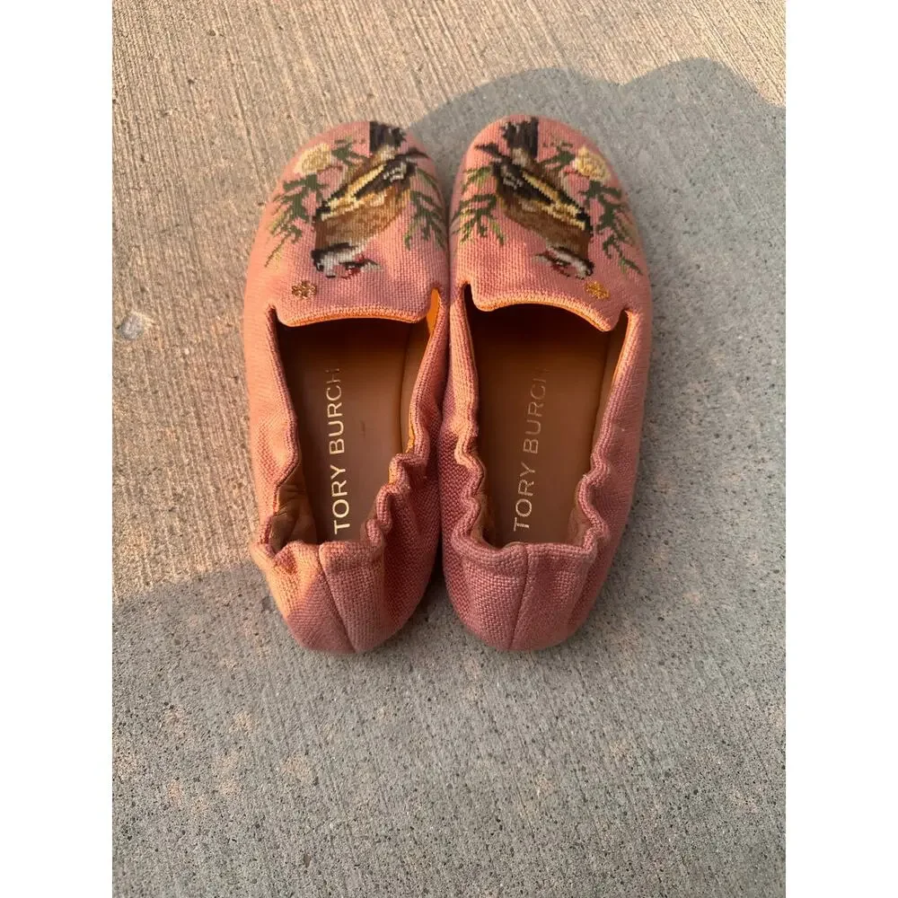 TORY BURCH Soft Smoking Slipper Pink Needlepoint Bird and Floral Motif 7.5 ~ New